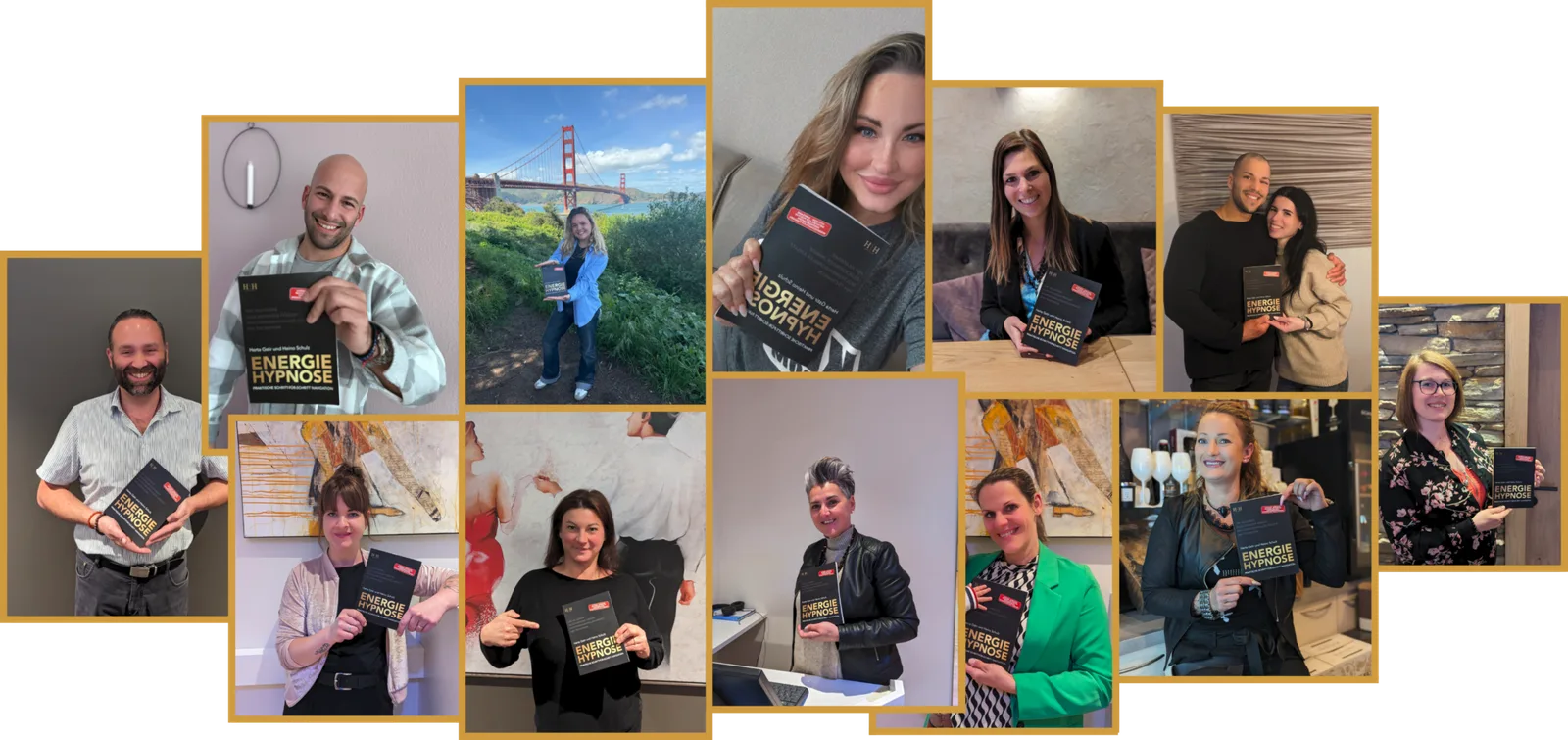 Collage von 16 Buchkunden mit EnergieHypnose Buch in verschiedenen Kontexten und Locations