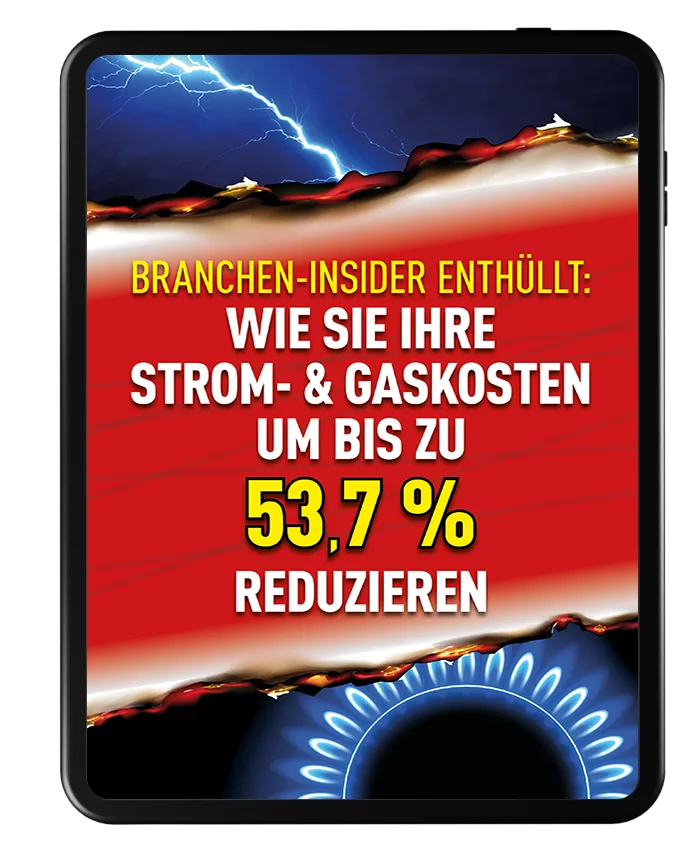iPad-Mockup mit rotem Blitzhintergrund und Textüberlagerung zu Energiekosteneinsparungen