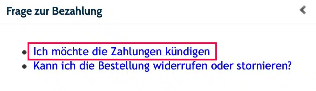 Screenshot Support-Menü zur Bezahlung mit Kündigungs- und Stornierungsoptionen