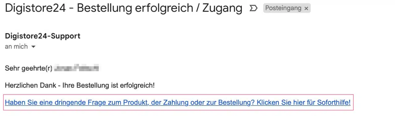 Screenshot einer Bestellbestätigungs-E-Mail von Digistore24-Support