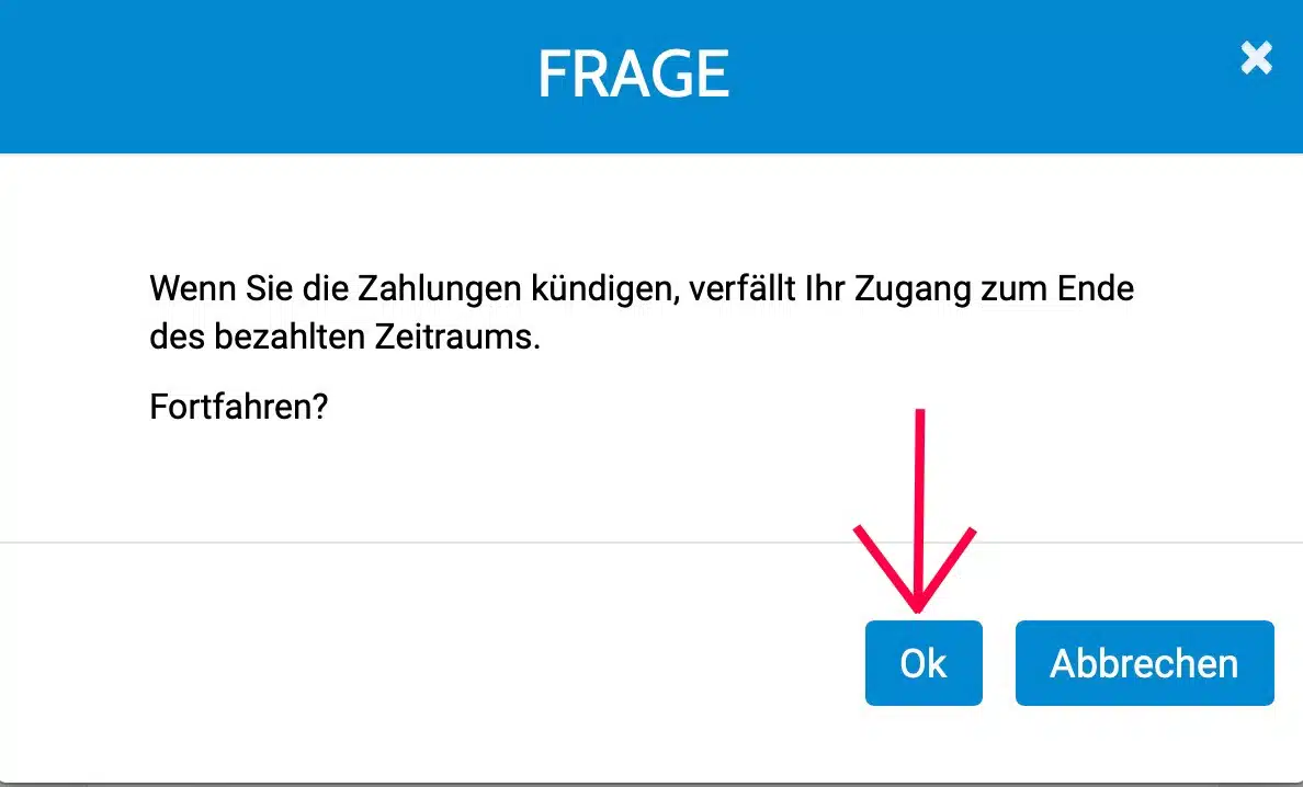Screenshot Bestätigungsdialog für Zahlungskündigung mit OK und Abbrechen-Buttons