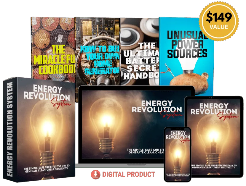 Energy Revolution System Produktpaket mit vier Bonusbüchern und Glühbirnen-Mockup auf verschiedenen Geräten