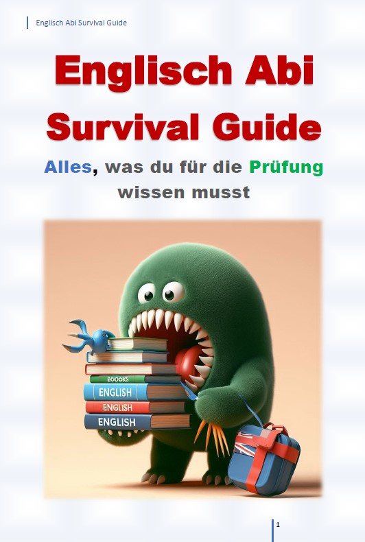 Englisch Abi Survival Guide Cover mit grünem Monster-Charakter, der Englisch-Bücher und ein Geschenkpaket hält