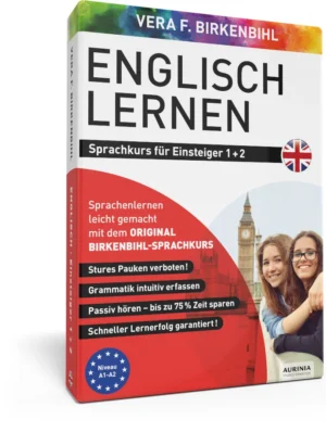 Englisch lernen Sprachkurs für Einsteiger 1+2 von Vera F. Birkenbihl, Produktbox mit Big Ben und zwei lernenden Mädchen