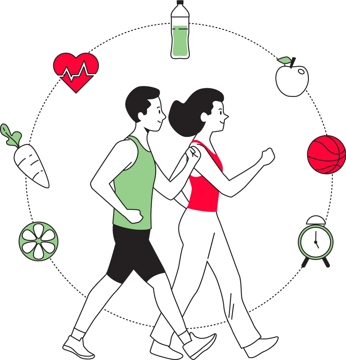 Illustration Mann und Frau joggen umgeben von Gesundheitssymbolen Ernährung Sport Bewegung Schritt 2