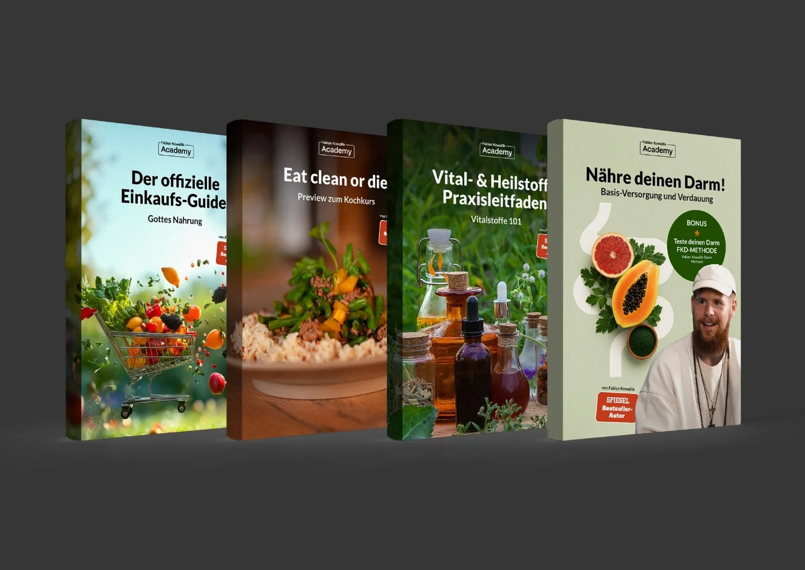 Vier Gesundheitsratgeber als 3D-Buchcover – Einkaufs-Guide, Kochkurs, Vitalstoff-Leitfaden und Darmgesundheitsratgeber als Bonusmaterial zur Darmsanierung.