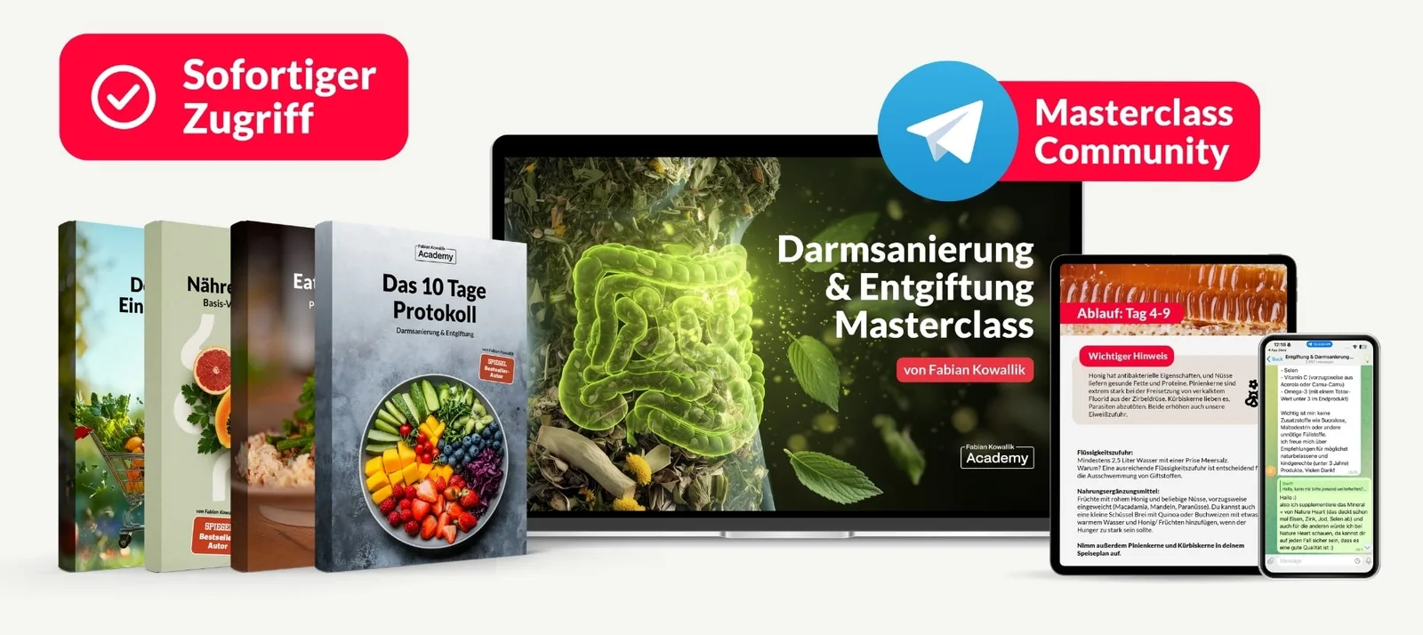 Digitales Mockup mit verschiedenen Ansichten der Entgiftung & Darmsanierung Masterclass von Fabian Kowallik, inklusive Kursmaterialien, Tablet- und Laptopdarstellung mit Inhalten zur Entgiftung, Darmreinigung und gesunder Ernährung.