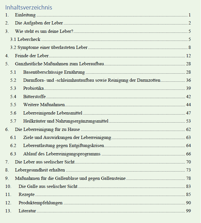 Inhaltsverzeichnis-Seite des E-Books mit 13 Kapiteln zur Leber und Gesundheit