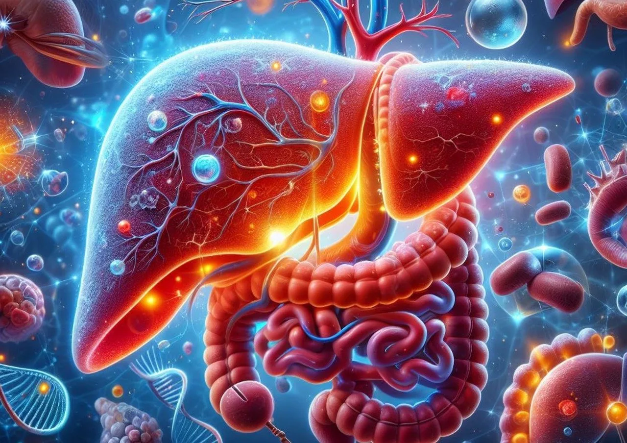 3D-Illustration leuchtender Leber und Darm mit Blutgefäßen auf blauem wissenschaftlichem Hintergrund