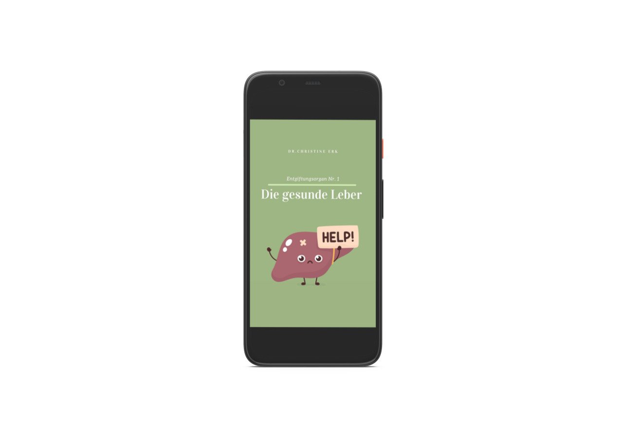 Smartphone mit E-Book-Titelseite Die gesunde Leber auf grünem Hintergrund isoliert