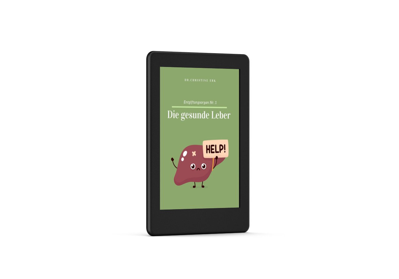 E-Book-Cover Die gesunde Leber auf E-Reader mit grünem Hintergrund und Leber-Cartoon-Charakter