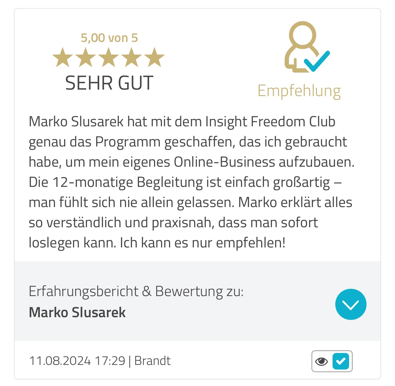 5-Sterne-Bewertung und Empfehlung für Marko Slusarek und sein Online-Business-Programm von Brandt