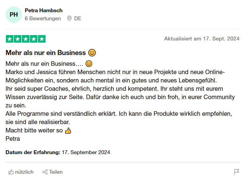 5-Sterne-Bewertung von Petra Hambsch über Marko und Jessica als Business-Coaches