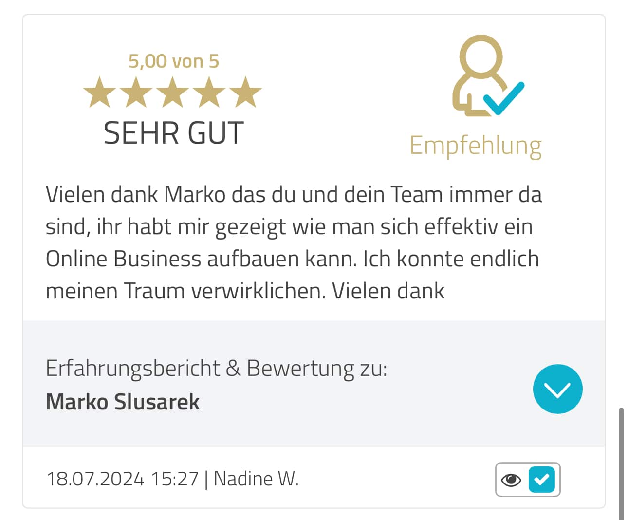 5-Sterne-Bewertung und Empfehlung für Marko Slusarek von Nadine W. zum Thema Online-Business Aufbau