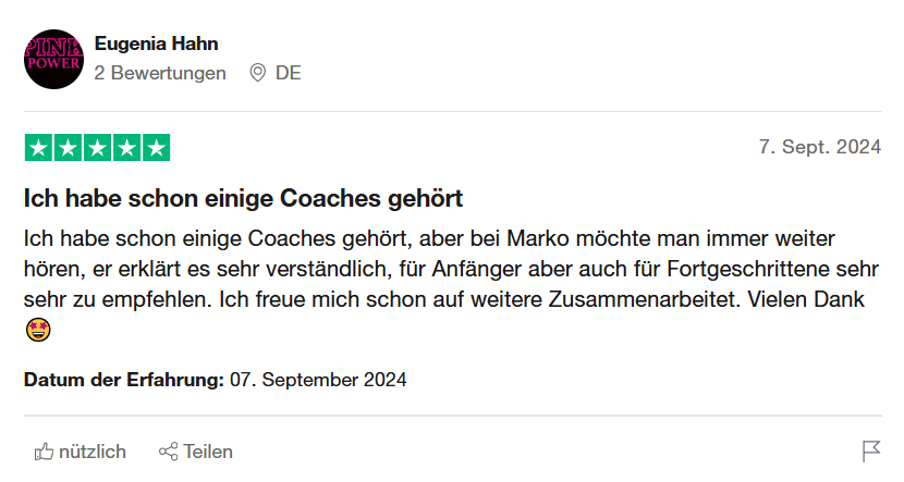 5-Sterne-Bewertung von Eugenia Hahn über Markos verständliche Coaching-Erklärungen