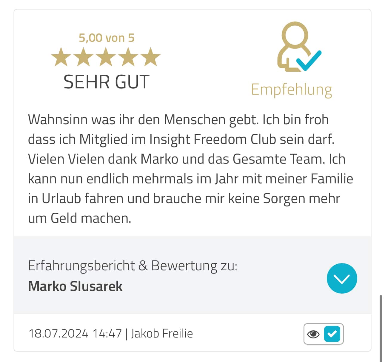 5-Sterne-Bewertung und Empfehlung für Marko Slusarek und Insight Freedom Club von Jakob Freilie