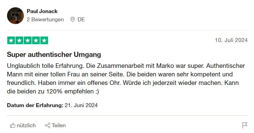 5-Sterne-Bewertung von Paul Jonack über authentischen Umgang mit Marko