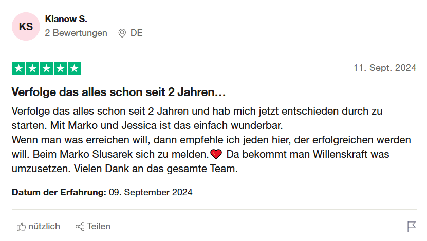5-Sterne-Bewertung von Klanow S. über 2 Jahre Coaching mit Marko und Jessica