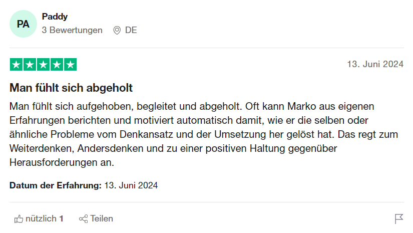 5-Sterne-Bewertung von Paddy über Markos motivierendes Coaching und positive Haltung