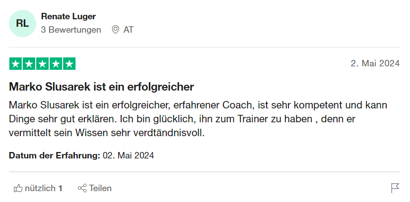 5-Sterne-Bewertung von Renate Luger über Markos kompetente Coaching-Fähigkeiten
