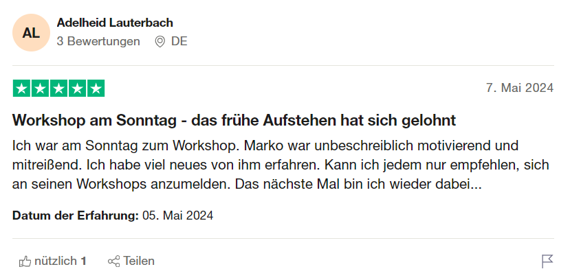 5-Sterne-Bewertung von Adelheid Lauterbach über motivierenden Sunday-Workshop