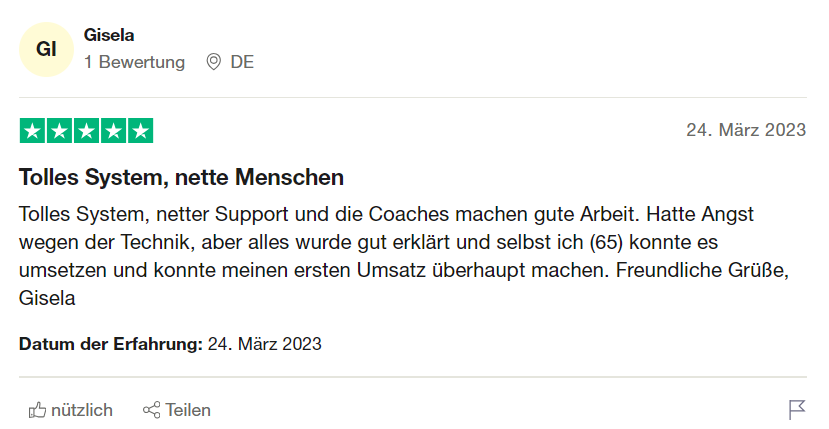 5-Sterne-Bewertung von Gisela über tolles System und freundliche Coaches