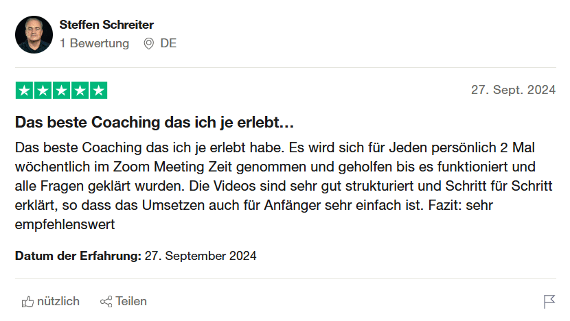 5-Sterne-Bewertung von Steffen Schreiter zum besten Coaching