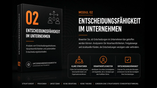 E-Book-Cover Modul 2 Entscheidungsfähigkeit im Unternehmen in kleinerer Größe mit Paket-Design und Handlungsfeldern