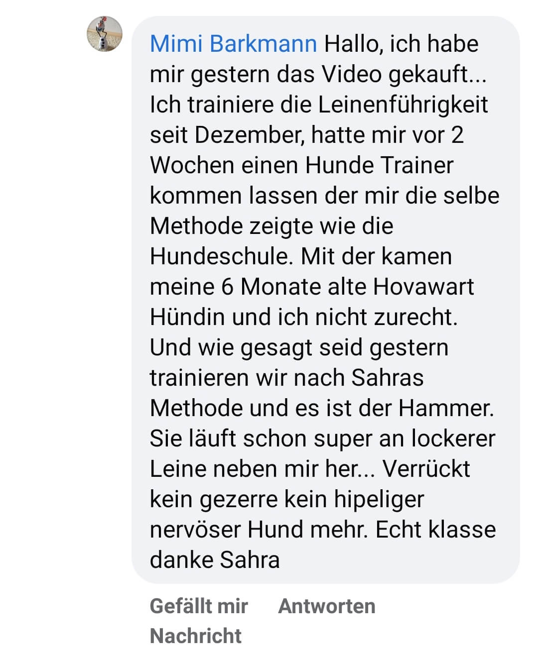 Kundenbericht von Mimi Barkmann über erfolgreiche Leinenführung nach Sarah Finks Online-Kurs