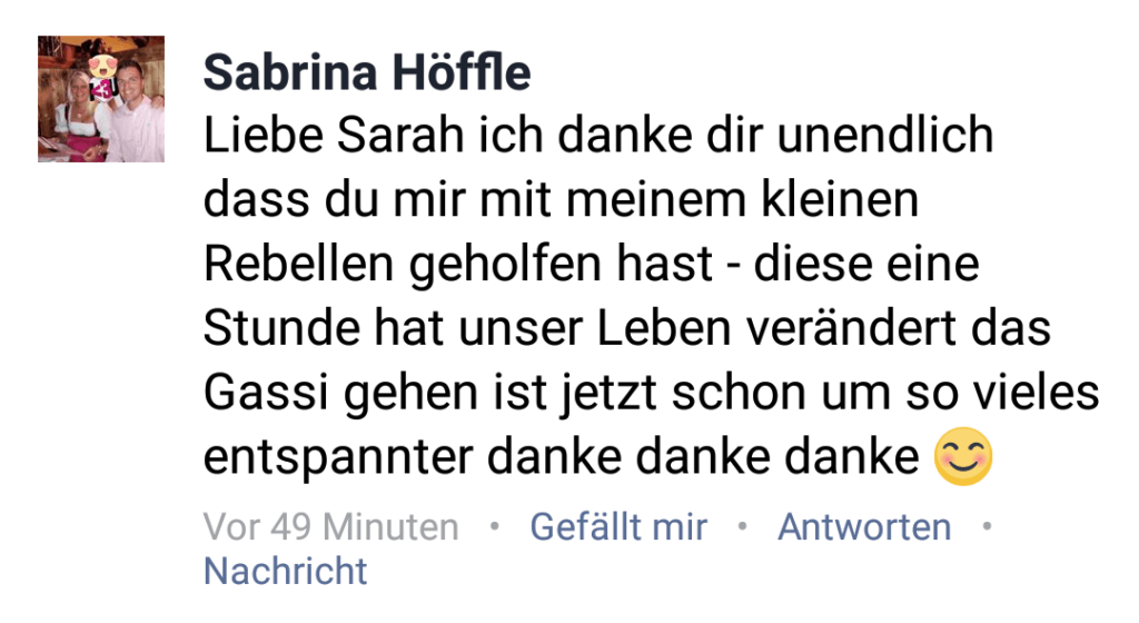 Testimonial von Sabrina Höffle mit Foto, dankt Sarah für Hilfe mit ihrem Hund