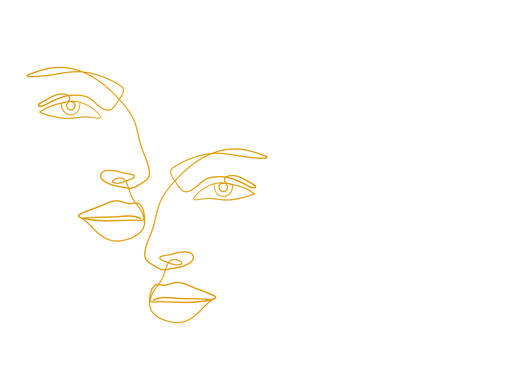 Minimalistische goldene Linienzeichnung eines Gesichts mit mehreren Augen