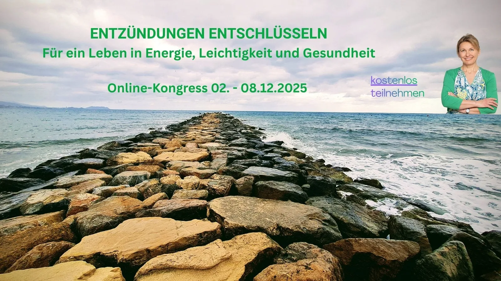 Startseite Onlinekongress mit Text und Moderatorin am Meer mit Steinen
