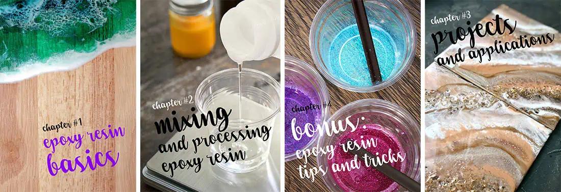 Epoxy Resin for Arts and Crafts – E-Book über Epoxidharz 3 Banner mit vier Epoxy-Resin-Projekten: Basics, Mischen, Tipps und Anwendungen