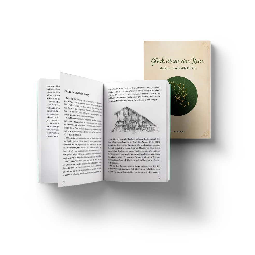 Buchcover und aufgeschlagene Seiten von Glück ist wie eine Reise mit Illustrationen und Textseiten