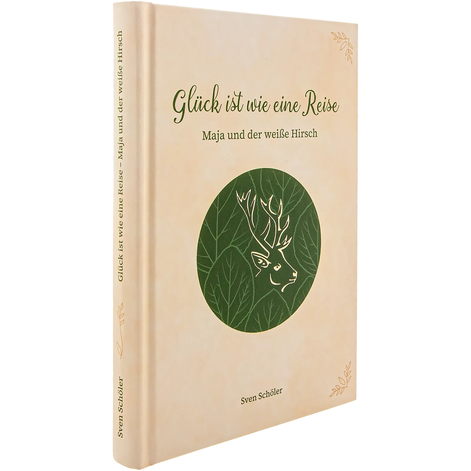 Buchcover seitlich mit Rücken von Glück ist wie eine Reise, zeigt grünen Hirsch im Oval