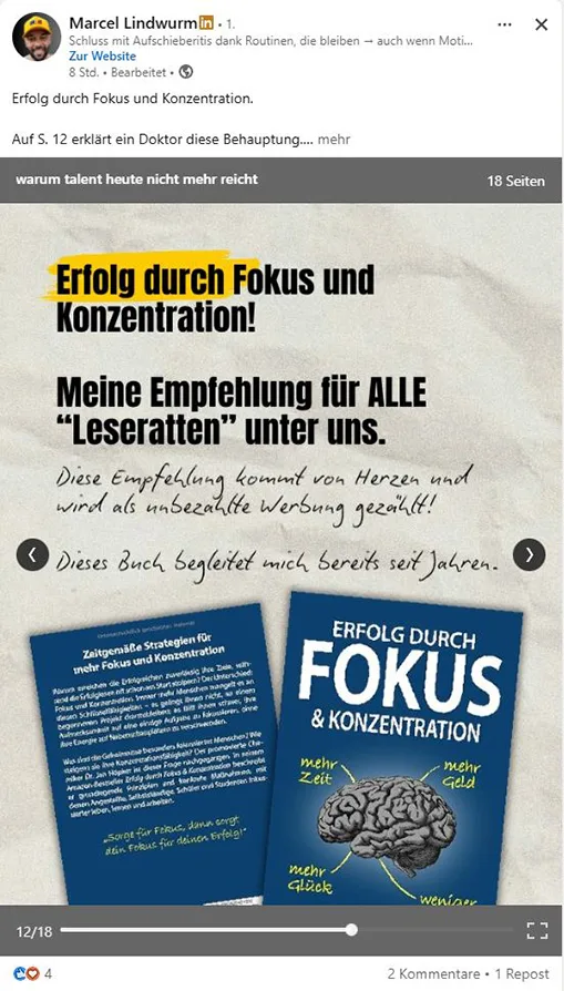 LinkedIn-Kundenstimme Marcel Lindwurm über Erfolg durch Fokus und Konzentration als Dauerbegleiter