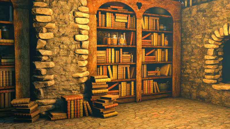 Bibliothek mit goldenen Büchern in Holzregalen und Steinwänden – Schatzkammer des Wissens