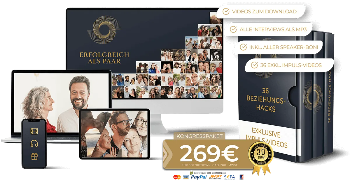 Erfolgreich als Paar – Videokurs zur Partnerschaft von Miriam Köppel 3 Kongresspaket Mockup mit Geräten, Personencollage, Box und Preis 269 Euro
