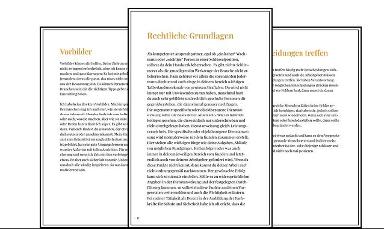 Aufgeschlagenes Buch mit Inhaltsseiten zur Bewachungsausbildung