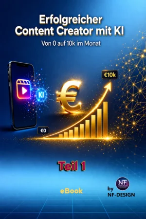 E-Book Cover Erfolgreicher Content Creator mit KI Teil 1, Smartphone mit KI-Symbol, Eurozeichen und Balkendiagramm