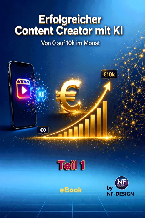 E-Book Cover Erfolgreicher Content Creator mit KI Teil 1, kompakt, Smartphone mit KI-Symbol und Wachstumsgrafik