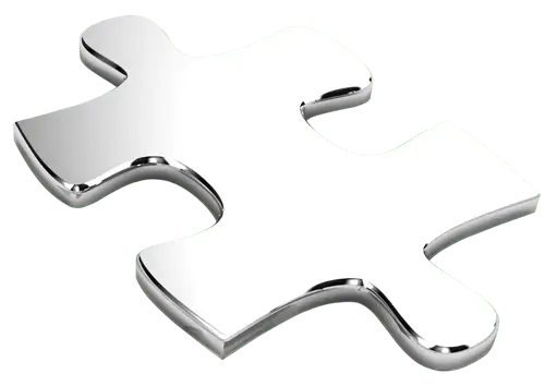 Auseinandergelegtes weißes Puzzleteil mit metallischen Elementen und einzelnen Komponenten