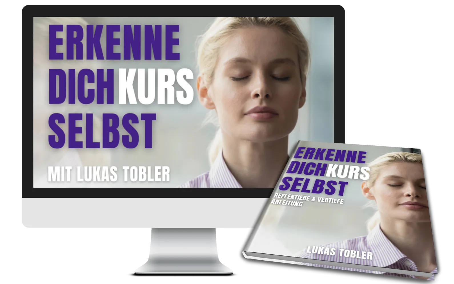 Erkenne dich selbst – Videokurs zur Bewusstseinsarbeit 9 Erkenne dich selbst Kurs Website Mockup Monitor und Schulungsbuch