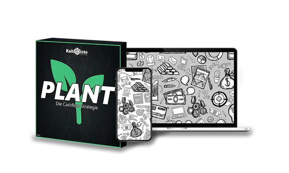 Produktabbildung: PLANT Cashflow-Strategie Kurs mit Box, Smartphone und Laptop-Mockup