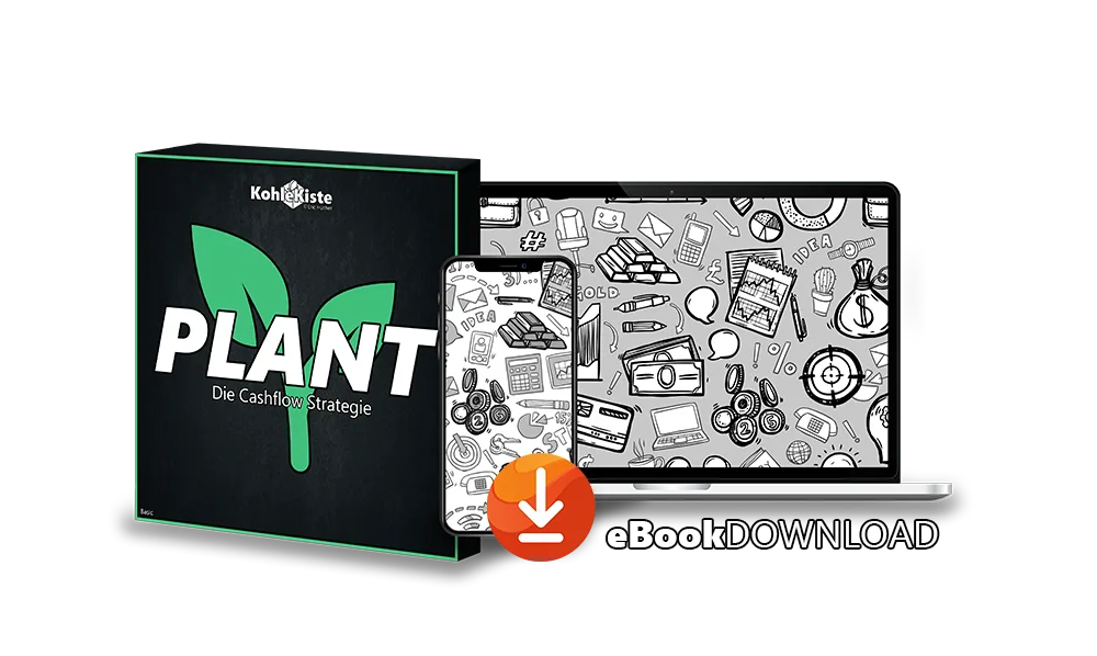 PLANT eBook Cover mit Cashflow-Strategie, Laptop und eBook Download Button