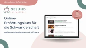 Mockup eines Laptops mit Online-Kurs-Plattform, Links Kurstext und Logo, rechts Kursmodule, Informationen für Fachkreise