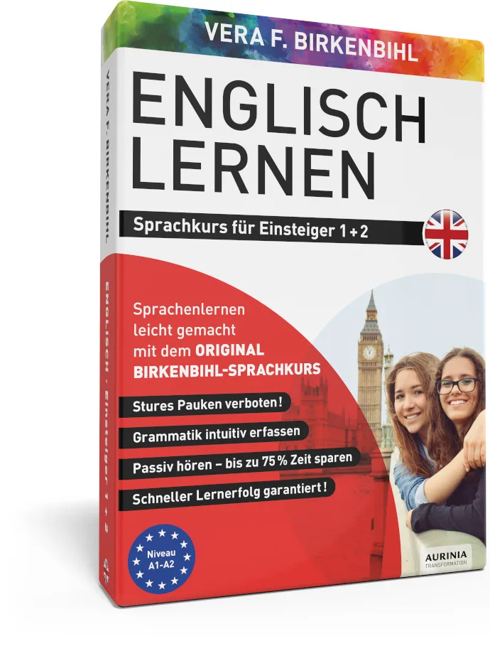 Englisch Lernen Sprachkurs für Einsteiger 1+2, Vera F. Birkenbihl, Buchcover mit Regenbogen-Design und zwei jungen Frauen