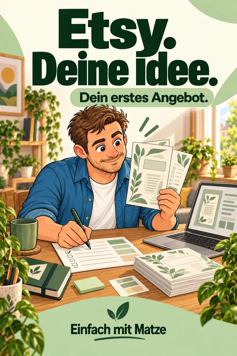 Cover des Etsy-Praxispakets mit Mann und Produktdokumenten, grünes Design