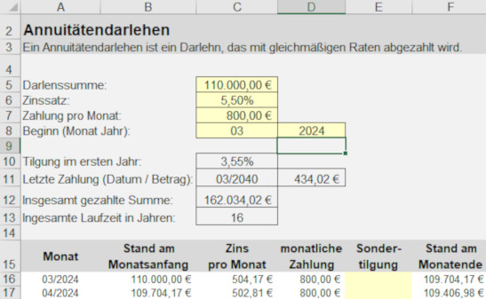 EÜR 2020 Kleingewerbe – Excel-Vorlage für die EÜR von Thomas Kuhn 12 Tilgungsplan für Annuitätendarlehen mit Berechnung von Zinsen und monatlichen Zahlungen