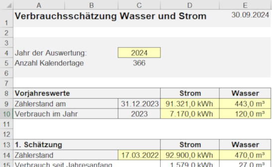 EÜR 2020 Kleingewerbe – Excel-Vorlage für die EÜR von Thomas Kuhn 13 Verbrauchsschätzung für Wasser und Strom mit Jahresauswertung und Zählerdaten